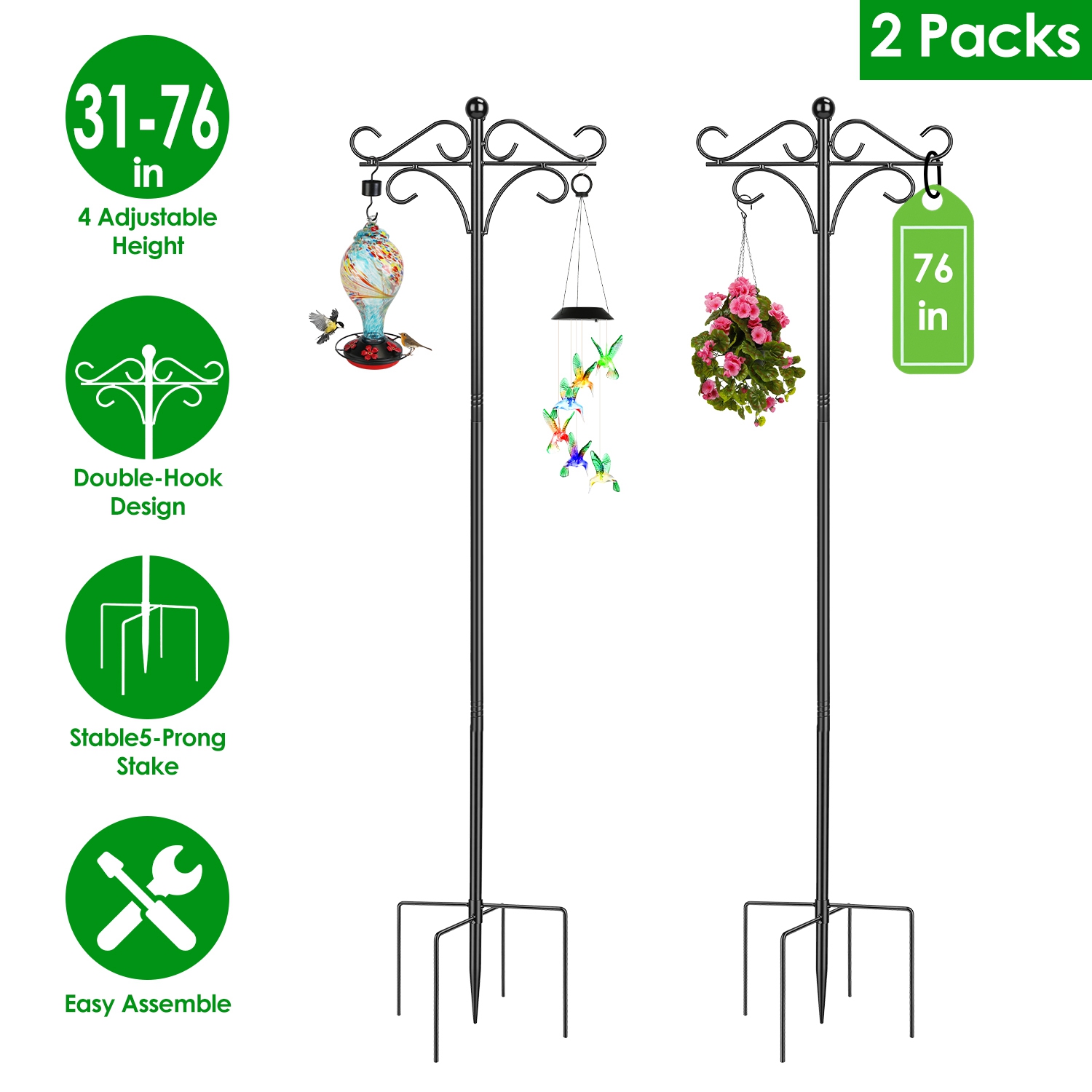 Gardening Tools Basket - 76in 4-Level Adjustable Double Shepherd Hook